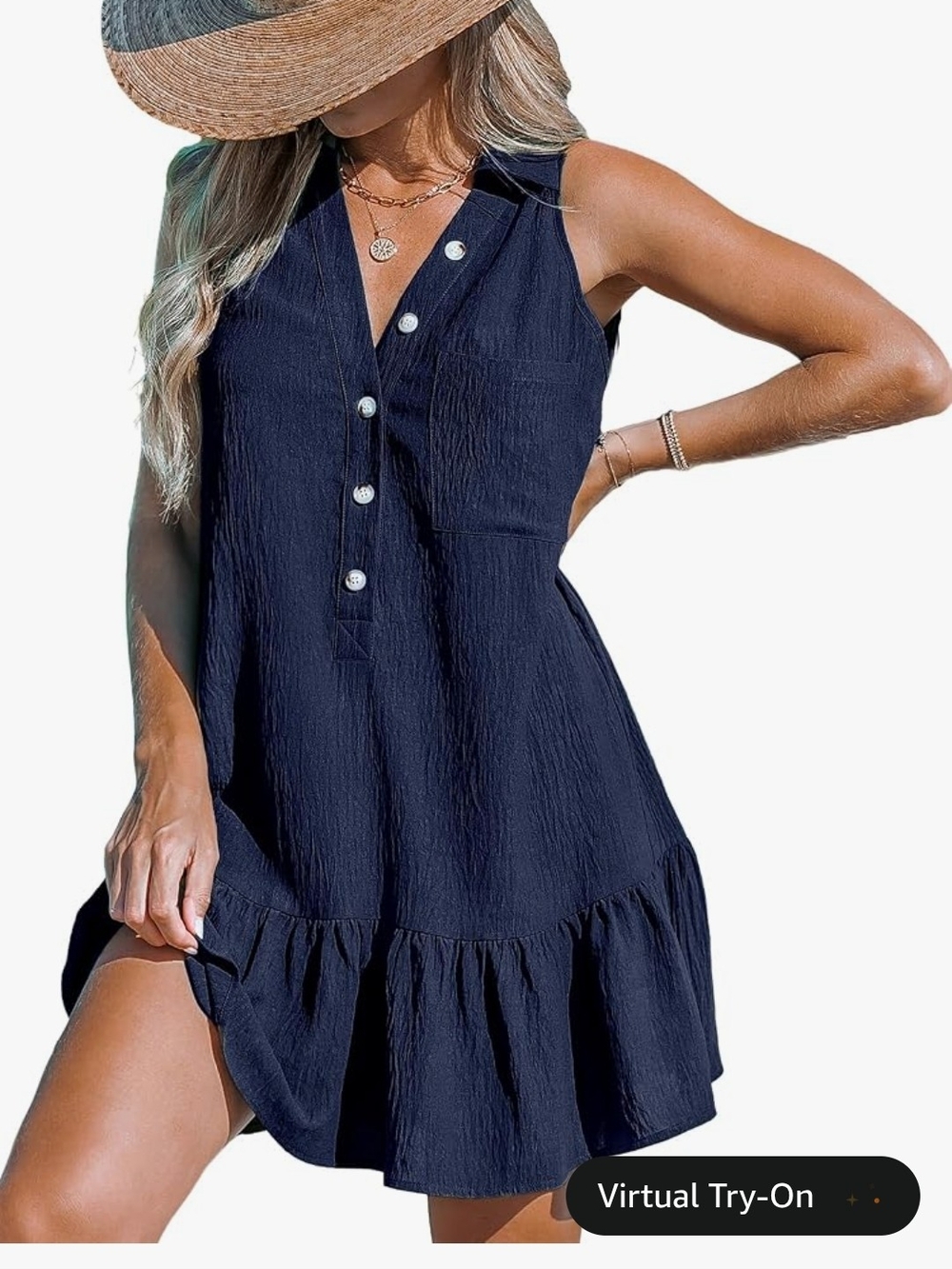 Cupshe Navy Sleeveless Button-Front Ruffle Hem Dress